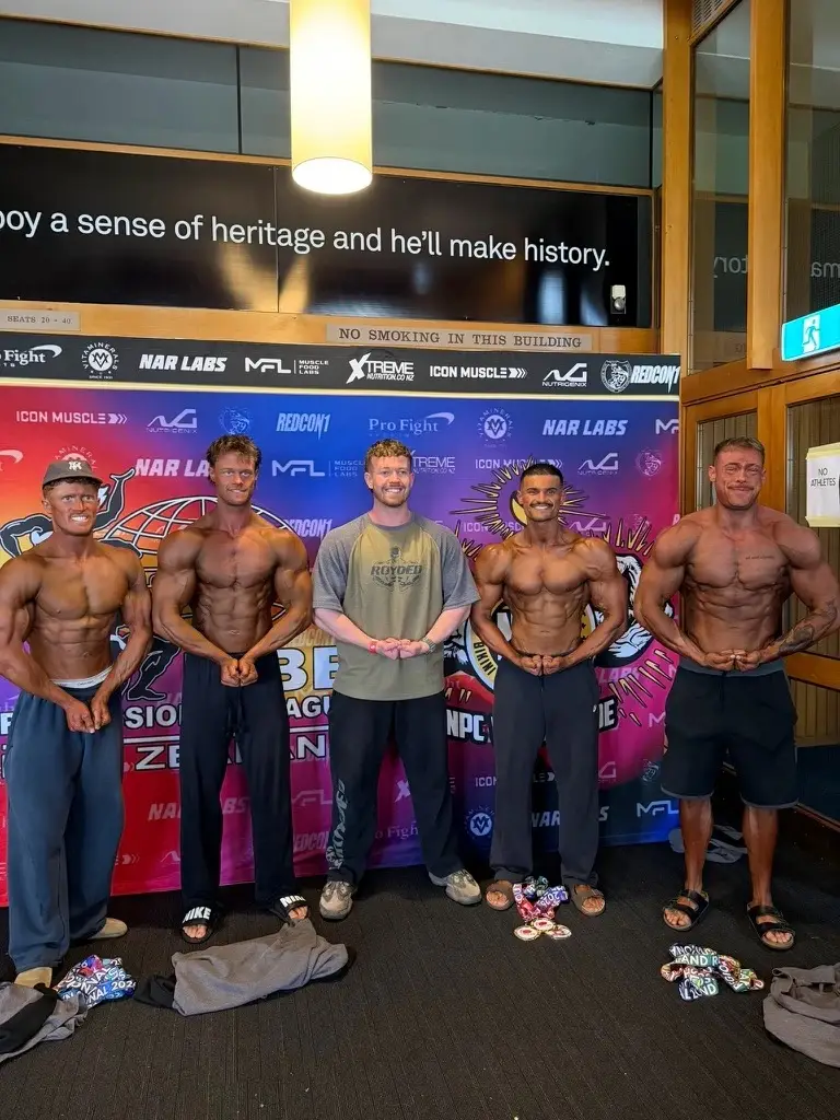 James backstage with four of his athletes